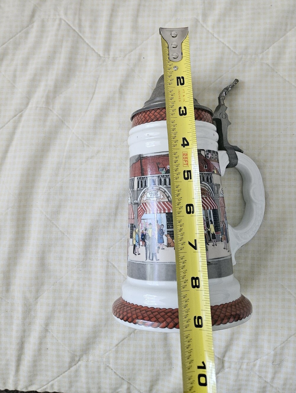 White and Red Ceramic Beer Stein with Decorative Pewter Lid - Picture 8 of 10